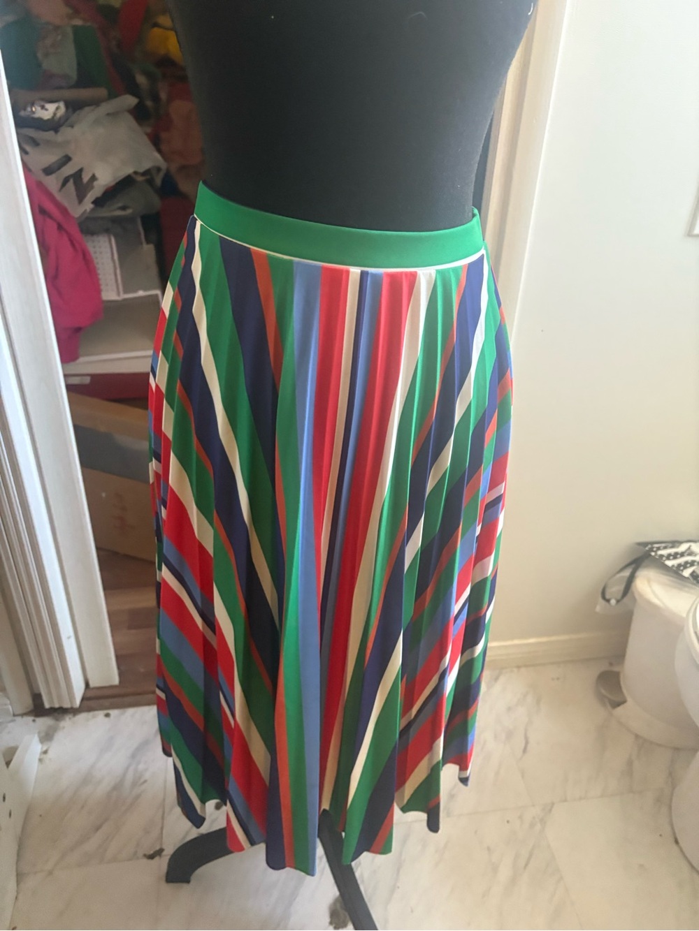 Bershka Pleated Midi Skirt with Bold Multicolor Stripes and Green Waistband